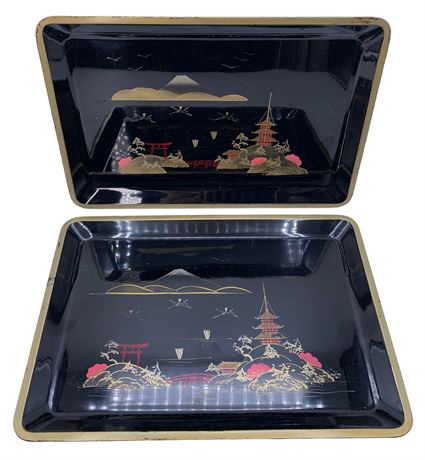 Pair Japanese Mount Fuji Wood & Lacquer Vintage Serving Trays