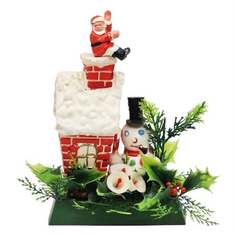 Vintage Soft Plastic Santa on Chimney w/ Snowman & Greenery