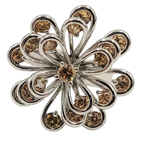 Silvertone Crystal Gem Flower Ring Size 5