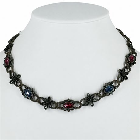 1928 Jewelry Floral Link Necklace with Pink and Blue Rhinestones
