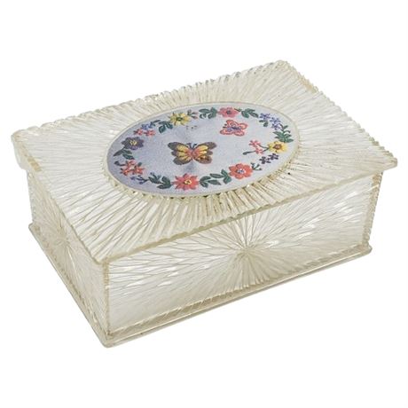 Vtg Textured Acrylic Mini Jewelry Box w/ Faux Needlepoint Centerpiece