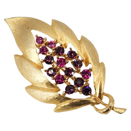 Vintage JONETTE Pink & Purple Rhinestone Leaf Brooch
