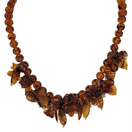 Amber Glass Leaves & Flowers Beaded Necklace