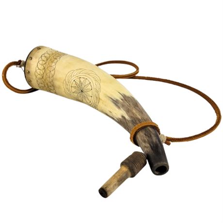 Carved Scrimshaw Powder Horn Real Animal Horn with Strap