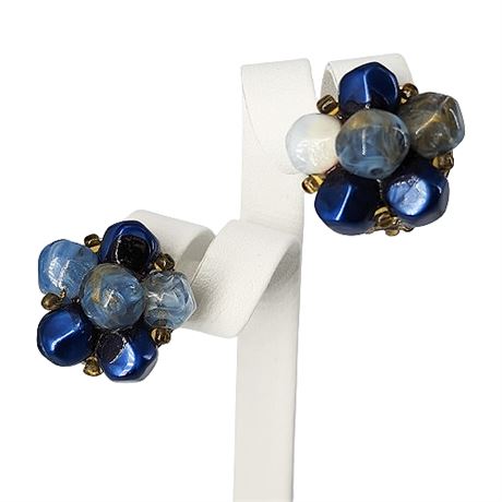 Signed Lisner Blue Bead Cluster Clip Earrings