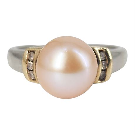Signed Alwand Vahan Sterling Silver & 14K Pearl & Diamond Ring, Sz 6.75