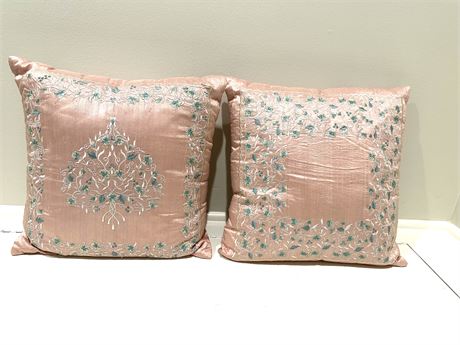 Pink Throw Pillows with Floral Embroidery
