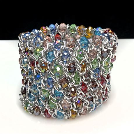 Vintage Fruit Salad Crystal Bead Woven Metal Mesh Wide Expandable Bracelet