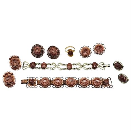 Vintage Faux Goldstone Jewelry Lot + Genuine Goldstone Ring