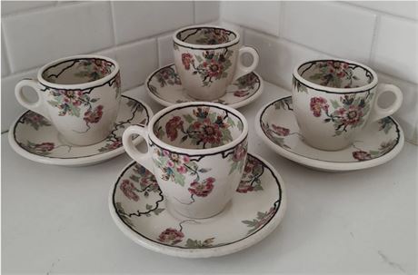 4 Vtg Syracuse China USA Espresso Cups Saucers Detailed Cherry Blossom Flowers