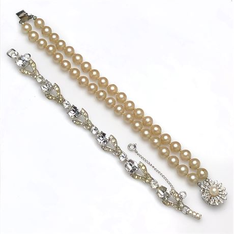 Vintage INC Rhinestone Bracelet & Double Stand Faux Pearl Bracelet