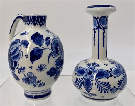 Pair of Fine Miniature Delft Blue Floral Pottery Vase & Jug