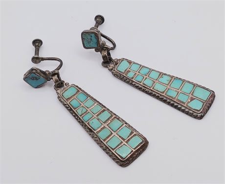 Sterling dangle turquoise inlay screw back earrings 11.2 g 2 in vintage