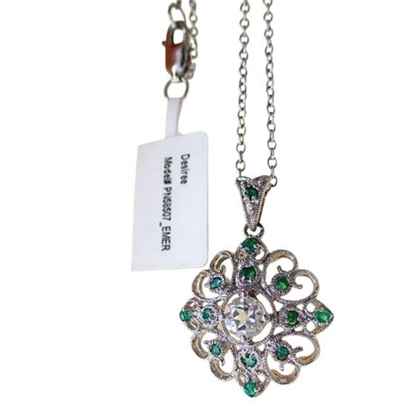 Sterling Silver White Topaz & Emerald Filigree Pendant Necklace