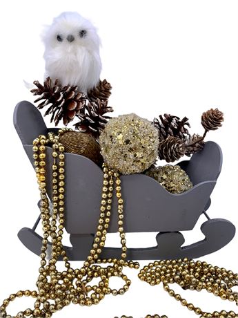 Winter Owl & Gold Glass Feather Tree Garland Tree in a 10” Wooden Gray Sleigh