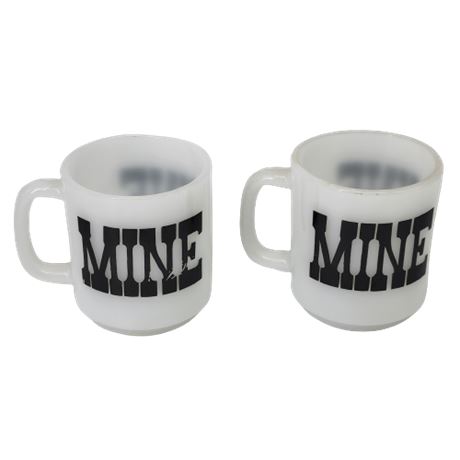 Milk Glass "Mine" Coffee Mugs Set of 2