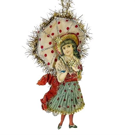 Dresden Vintage Girl with Umbrella Christmas Ornament
