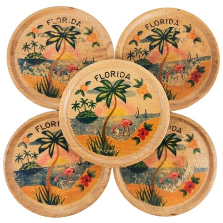 Vintage Florida Souvenir Wooden Coasters, Set of 5