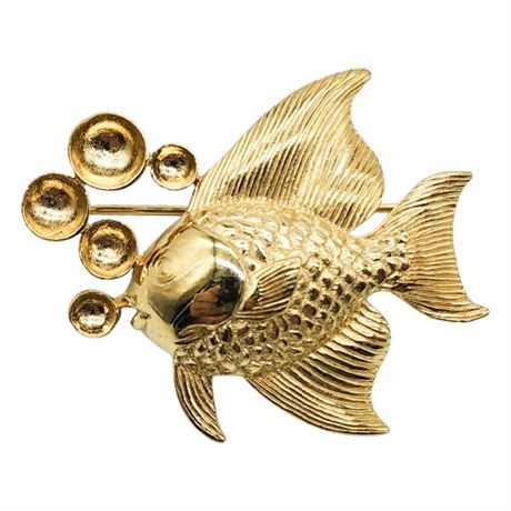 Vintage Gold Tone Fish Blowing Bubbles Brooch