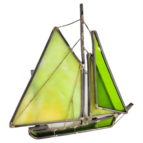 Vintage Green Stained Glass Sailboat Votive Candle Holder