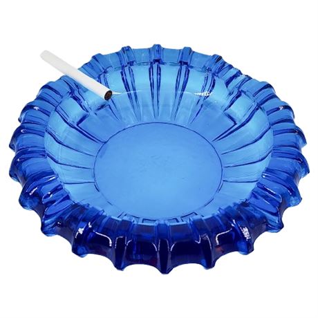 Vintage Fostoria Sunburst Daisy Heavy Ribbed Blue Art Glass Ashtray