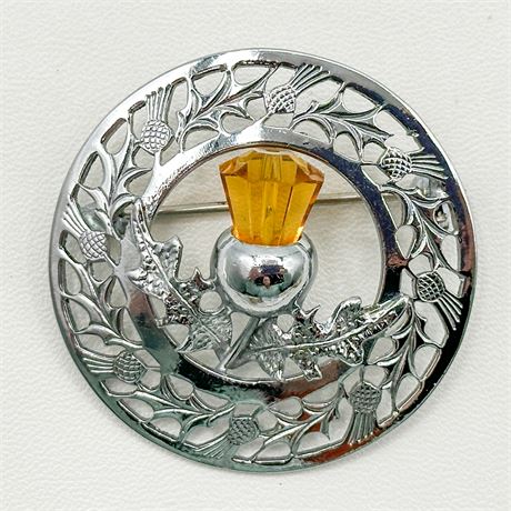 Vintage Mizpah Silver Tone & Orange Glass Brooch