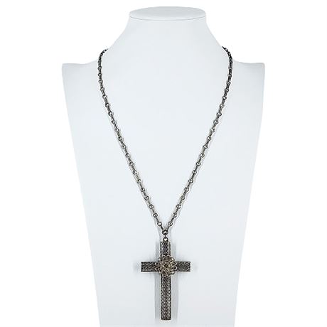 Vintage Silver Tone Filigree Mourning Cross Pendant Necklace
