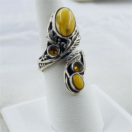 Awesome 9g Sterling Coral + Amber Wrap Ring Size 7