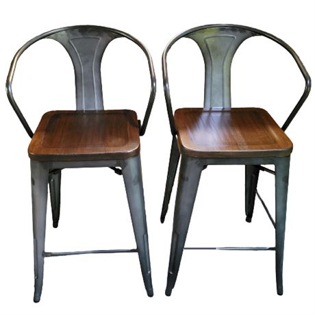 OFM Industrial Modern Mid Back Metal Stools w/ Arms and Solid Ash Wood Seats