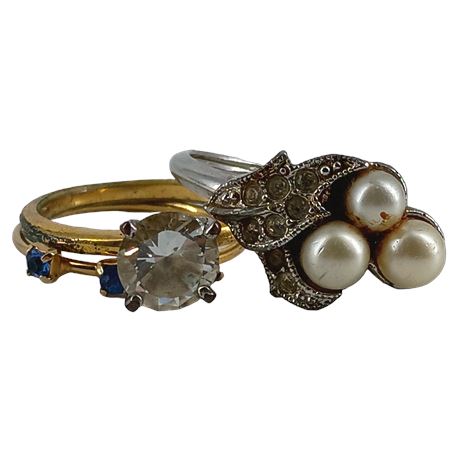 Size 8 Rings - Vintage Avon Signed Faux Peal, Blue Rhinestones, CZ, Lot of 3