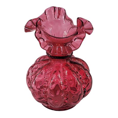 Fenton Cranberry Glass Beaded Melon Ruffled Vase