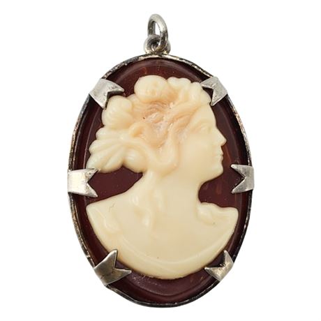 Vintage Sterling Silver Celluloid Plastic Cameo Pendant