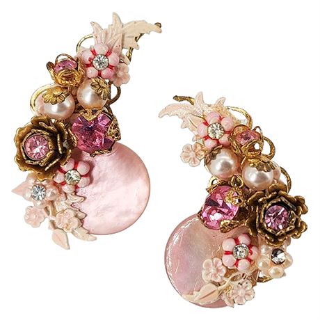 Vtg Elaborate Pink Rhinestone & Mother of Pearl Clip Earrings