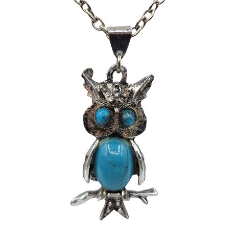 Vintage Faux Turquoise Wise Owl Pendant Necklace