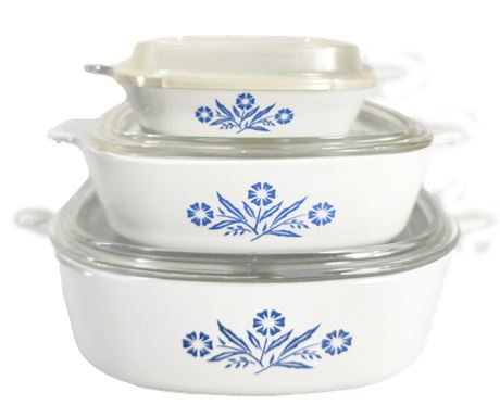 Pyrex Corning Ware Cornflower Set of 3 Dishes with Lids