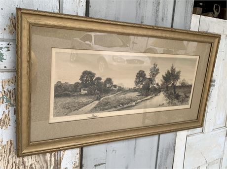 Large 42” wide Antique 1891 Bucolic Countryside Framed Engraving