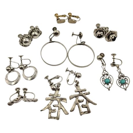 Lot of 8 Silver Tone Screw Back/Clip-On Earrings