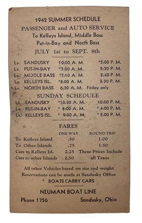 1942 Neuman Boat Line Put-in-Bay & Kelly’s Island Summer Ferry Schedule