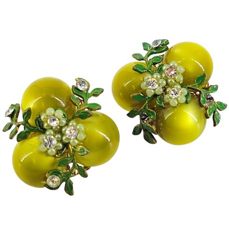 Vintage Green Moonglow Lucite and Floral Rhinestone Clip-On Earrings