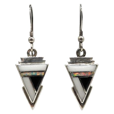 Zuni Native American Sterling Silver Opal & Onyx Inlay Earrings