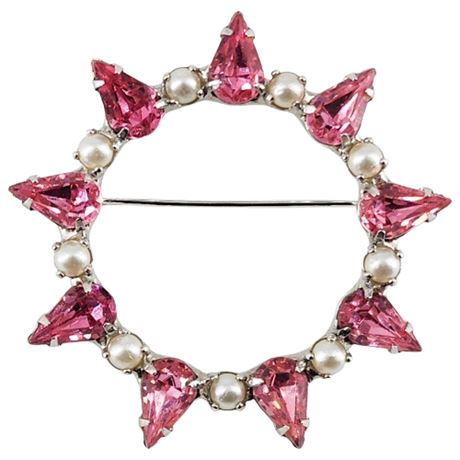 Signed Vintage B.DAVID Pink Rhinestone Faux Pearl Circle Brooch