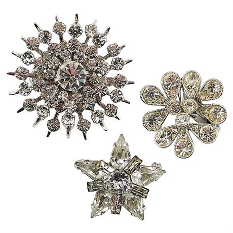 Three Vintage Clear Rhinestone Brooches
