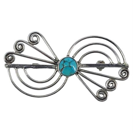 Vintage Native American Sterling Silver Turquoise Swirls Brooch