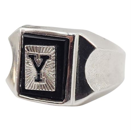 Vintage ESPO Sterling Silver Black Onyx "Y" Signet Ring, Sz 5