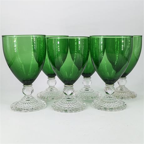 Set of 6 Vintage Anchor Hocking Forest Green Goblets with Clear Bubble Foot