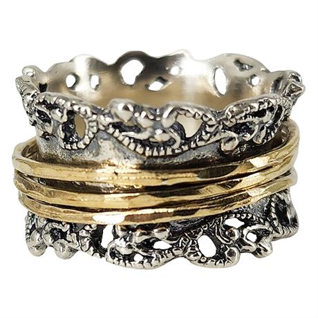 Signed OR PAZ Sterling Silver Gold Vermeil Triple Band Spinner Ring, Sz 7