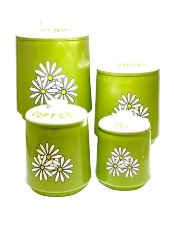 Vtg Kromex Daisy Avocado Green Aluminum Canister - 4