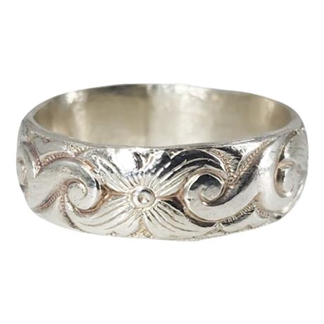 Vintage Sterling Silver Flower & Wave Pattern Band Ring, Sz 7