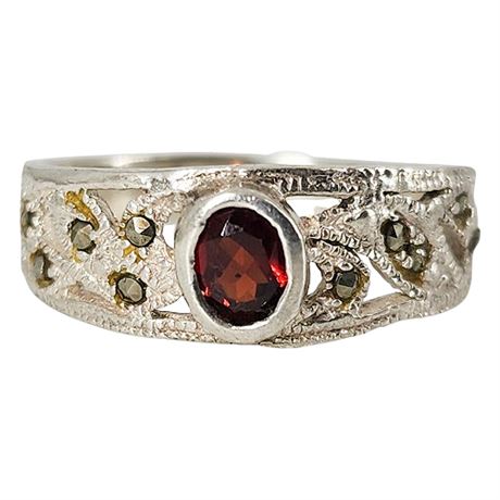 Signed NVH Sterling Silver Garnet & Marcasite Ring, Sz 8