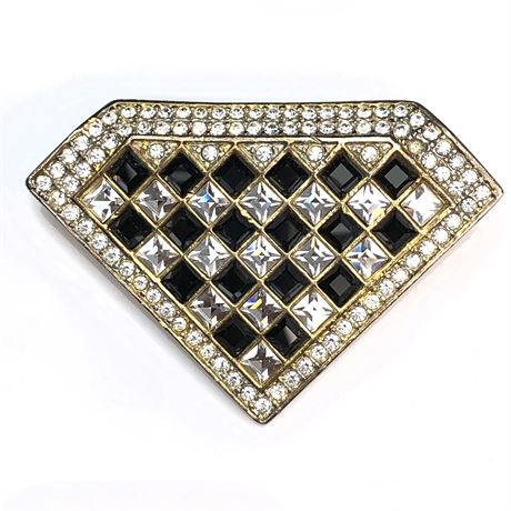 Vintage Gold Tone Checkerboard Rhinestone Abstract Brooch